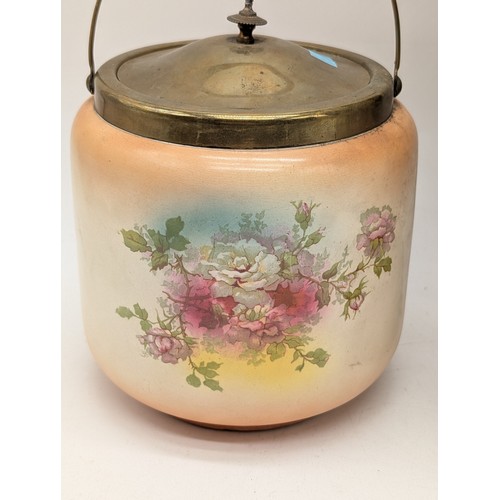 149 - Large Two Handled Floral Decorated Vase With Brass Handles & Base Plus Floral Ceramic Biscuit Barrel... 