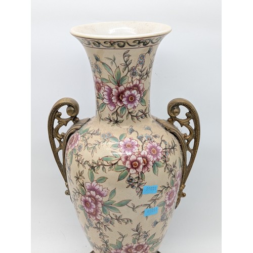 149 - Large Two Handled Floral Decorated Vase With Brass Handles & Base Plus Floral Ceramic Biscuit Barrel... 