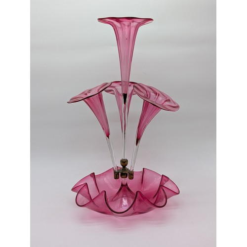 150 - Attractive Cranberry Glass Epergne - Has Crack to Bowl But Stucturally Sound 50cm