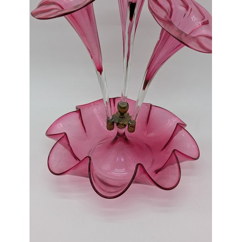 150 - Attractive Cranberry Glass Epergne - Has Crack to Bowl But Stucturally Sound 50cm