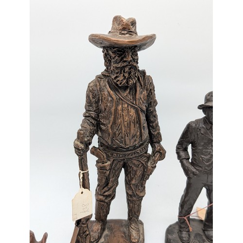 156 - Trio of Michael Garmin John Wayne Statues Plus Austin productions Cowbow Metallic Sculpture 14