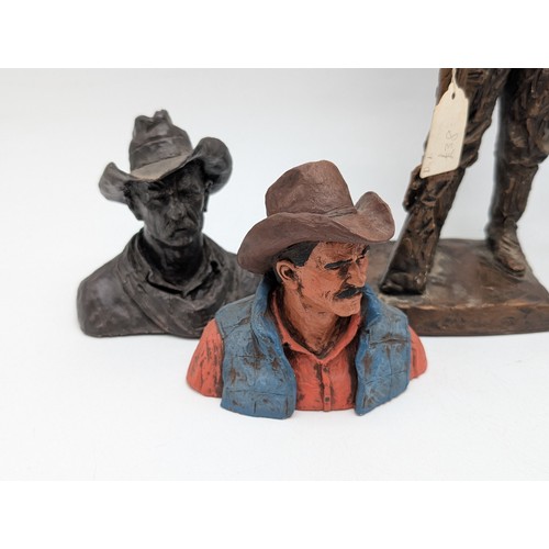 156 - Trio of Michael Garmin John Wayne Statues Plus Austin productions Cowbow Metallic Sculpture 14