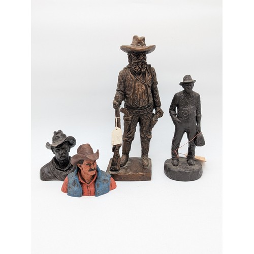 156 - Trio of Michael Garmin John Wayne Statues Plus Austin productions Cowbow Metallic Sculpture 14