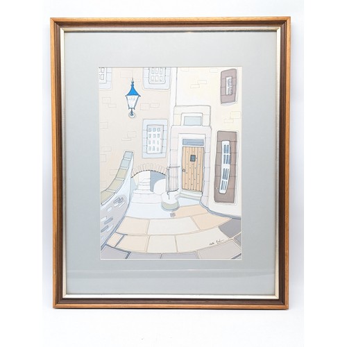 51D - Alastair Buchanan Scottish Original Mixed Media Artwork - Street Scene Marked ? Cross? Signed Lower ... 