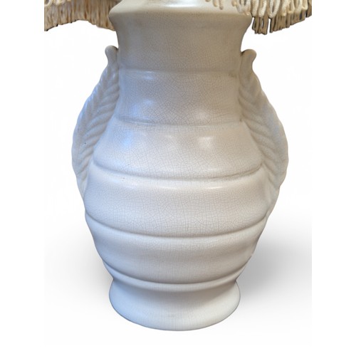 52A - Large Shorter and Son Crackle Glaze Feather Edged Lamp Base With Shade, Requires re wiring. Lamp Bas... 