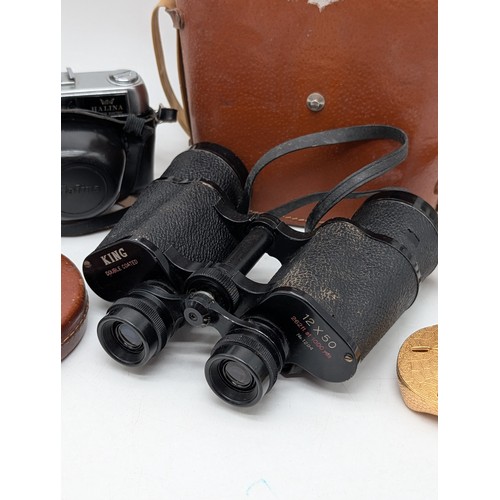 62 - Halina Vintage Film Camera Plus King 12x50 Binoculars, Vintage Tape Measure Etc