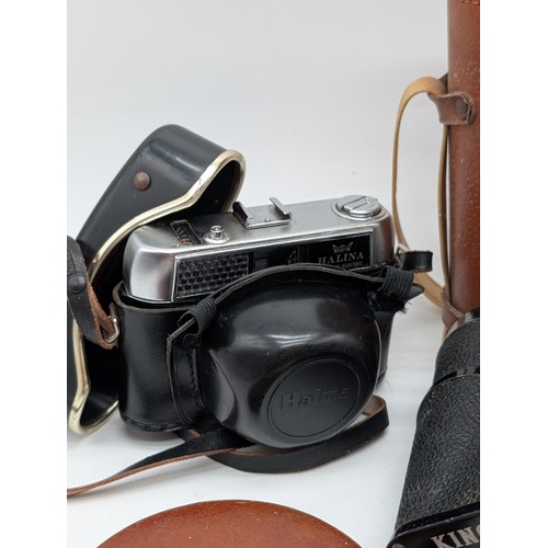 62 - Halina Vintage Film Camera Plus King 12x50 Binoculars, Vintage Tape Measure Etc