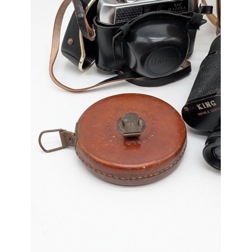 62 - Halina Vintage Film Camera Plus King 12x50 Binoculars, Vintage Tape Measure Etc