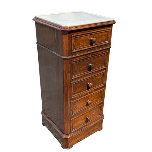 26B - Antique Mahogany Marble Topped Side Table / Wash Stand, With Turn Hand Pull Down Front and Drawers B... 