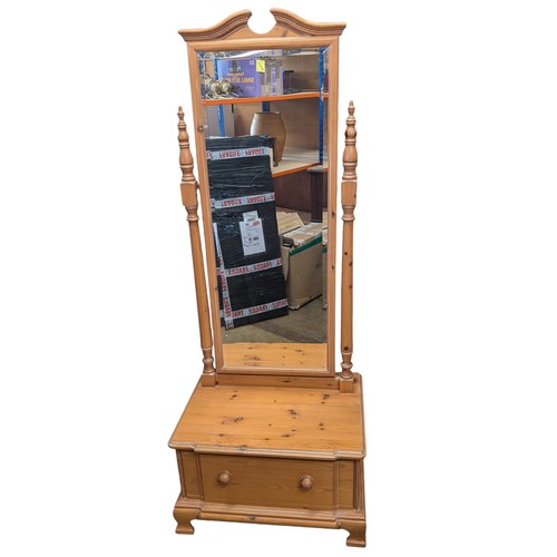 26C - Vintage Youngers Furniture Pine Cheval Mirror, With Drawered Base 63x46x162
