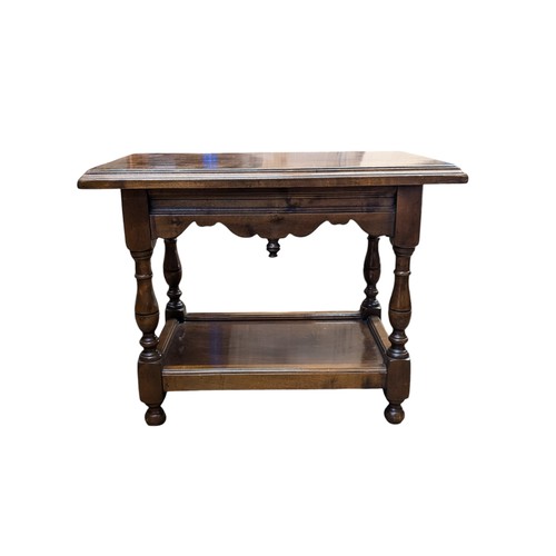 26D - Mahogany Well Made Size Table With Carved Finials and Turned Legs, Plus Lower Shelf. 40x65x50cm