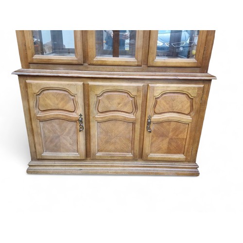 26E - Oak 3 Door Glass / Solid Wood Display cabinet - Very Solid and Heavy 120x43x203cm