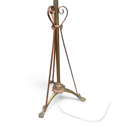 26F - Victorian Brass & Copper Height Adjustable Standard Lamp With Attractive Scroll Work & Paw Feet 161c... 