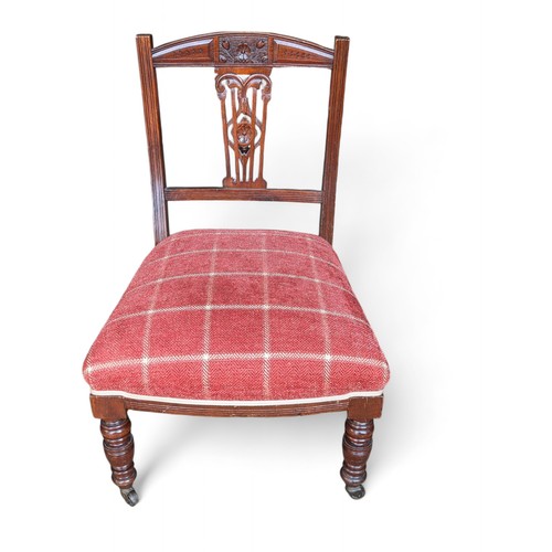 26H - Good Pair Antique Mahogany Nursing Chairs, Intricate Carved Back With Turned Legs. Recently Reuphols... 