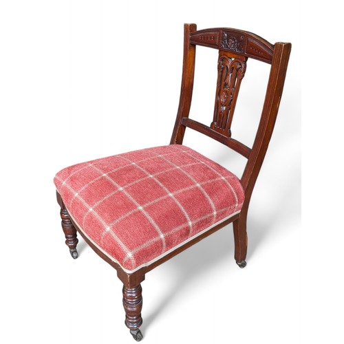 26H - Good Pair Antique Mahogany Nursing Chairs, Intricate Carved Back With Turned Legs. Recently Reuphols... 
