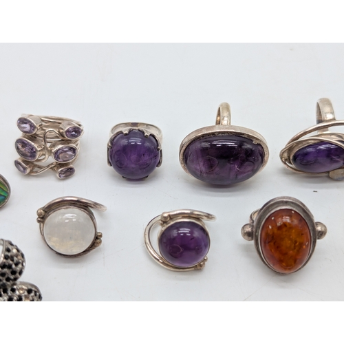 Collection of silver rings — a selection of Sixteen examples, variously ...