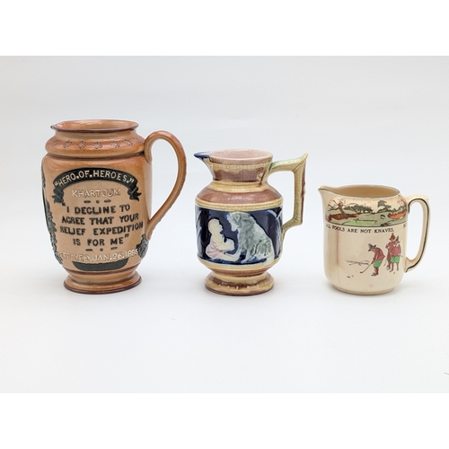 354 - Doulton Lambeth ‘General Gordon’ Commemorative Jug, Victorian Majolica Jug, and Motto Ware Jug (3)  ... 