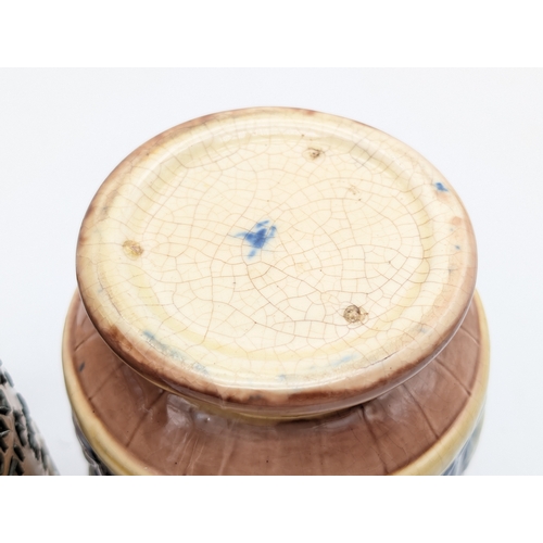 354 - Doulton Lambeth ‘General Gordon’ Commemorative Jug, Victorian Majolica Jug, and Motto Ware Jug (3)  ... 