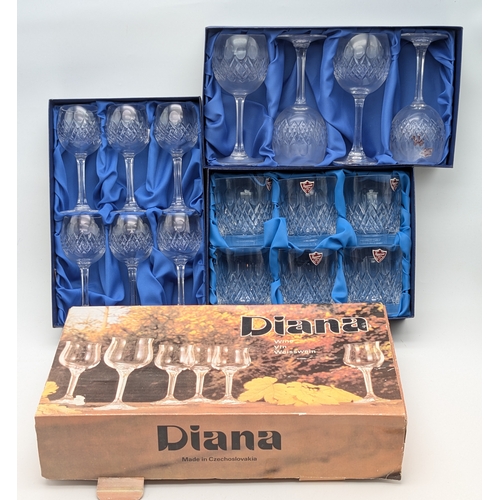 374 - Three boxed Bohemian lead crystal glassware sets, comprising one “Diana” and two “Somerset” suites, ... 