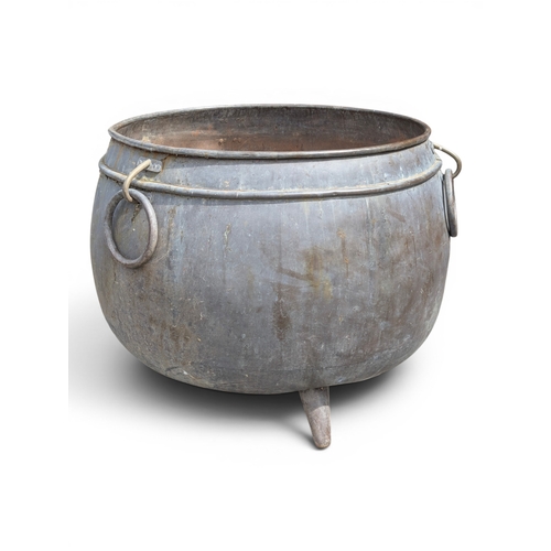 29 - Large copper garden planter or cauldron, of substantial bulbous form with rolled rim, triple iron ri... 