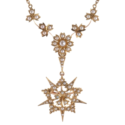 Antique Gold Seed Pearl Necklace and Brooch