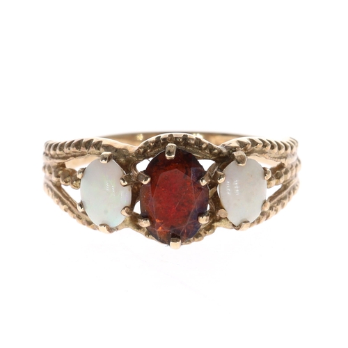 Garnet and Opal 9ct Gold Trilogy Dress Ring