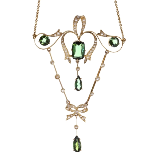 Antique Split Pearl and Green Gemstone 15ct Gold Lavalier Necklace