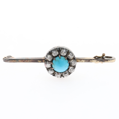 Victorian Diamond & Turquoise 9ct and 925 Silver Bar Brooch