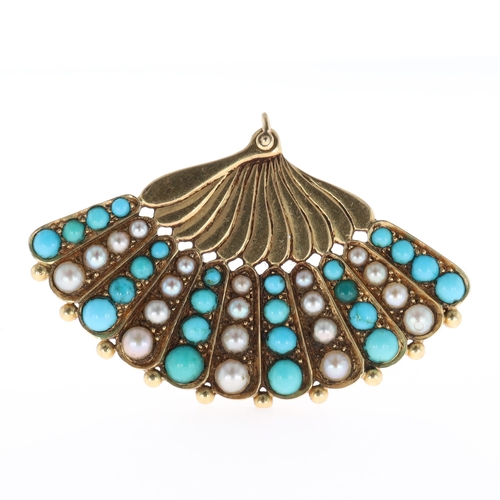 Antique Gold Cultured Pearl and Turquoise Fan Brooch
