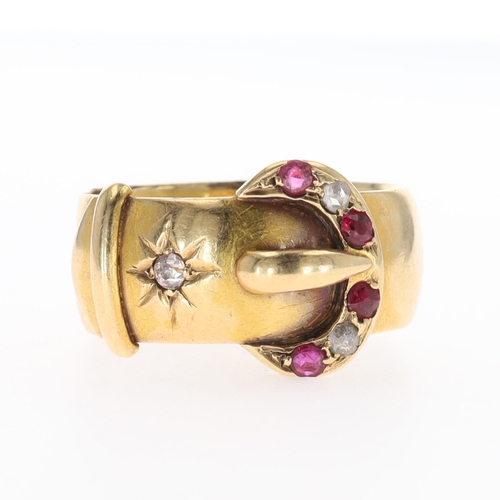 Antique Diamond and Ruby 18ct Gold Buckle Ring