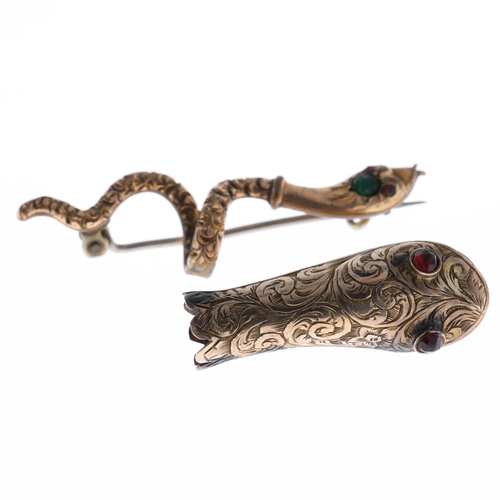 Antique Snake Gold Plated Brooches including Paste and Ruby set