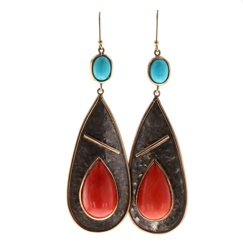 Coral & Turquoise Yellow Metal and Silver Drop Earrings