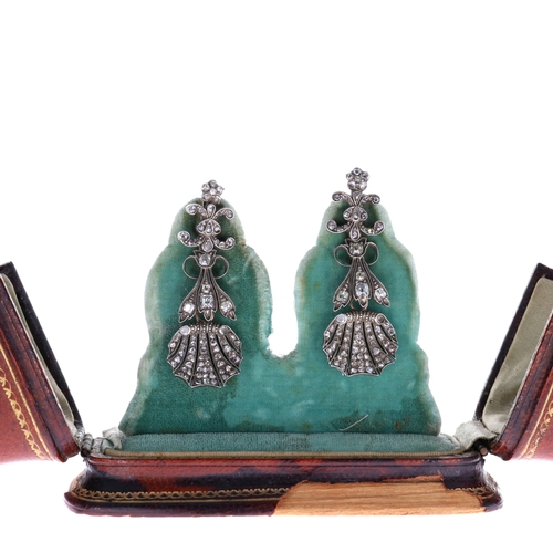 Antique Old Cut Diamond Gold and Silver Drop shell Earrings