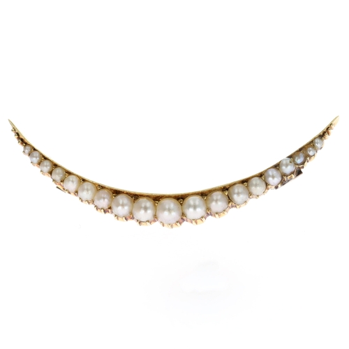 Antique Seed Pearl 9ct Gold Crescent Brooch