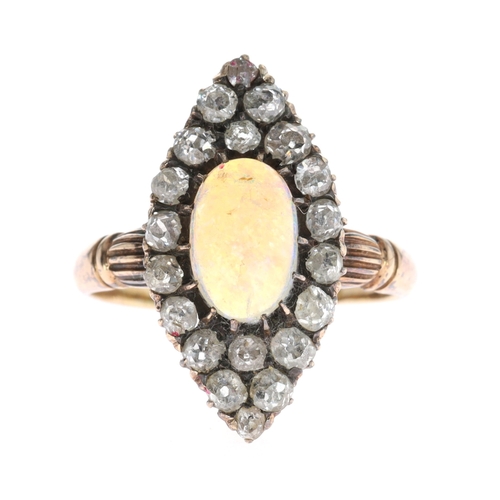 Opal and Old Cut Diamond Gold Navette Ring