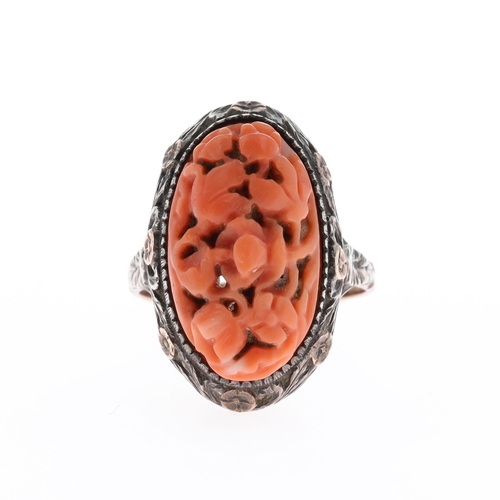 Antique Coral Gold and Silver Ring