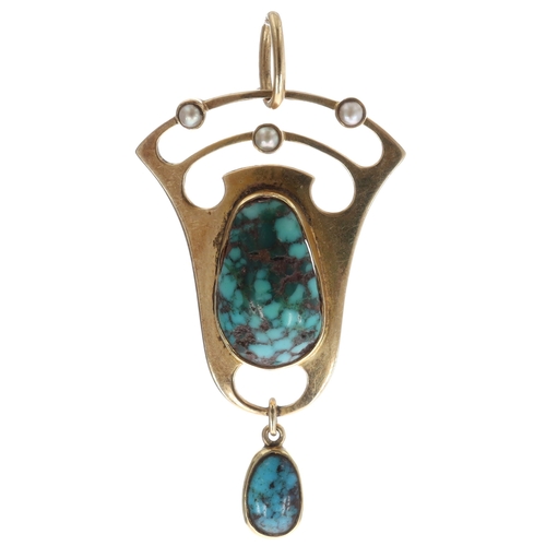 Arts and Crafts 15ct Gold Turquoise Pendant by Murrle Bennet