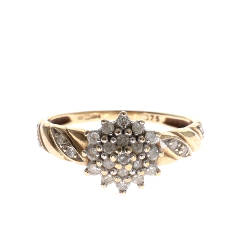 Diamond 9ct Gold Cluster Ring with Diamond Set Shoulders.