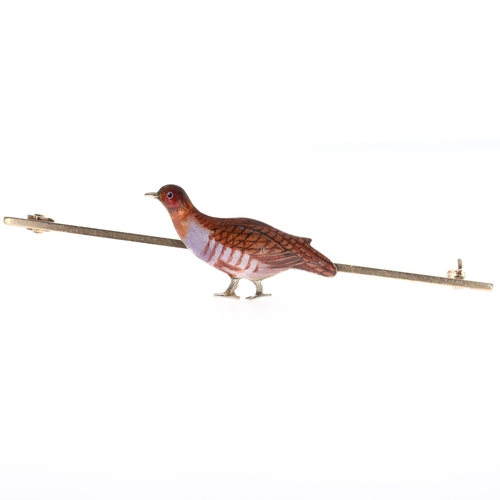 Antique 9ct Gold Enamel Grouse Bar Brooch