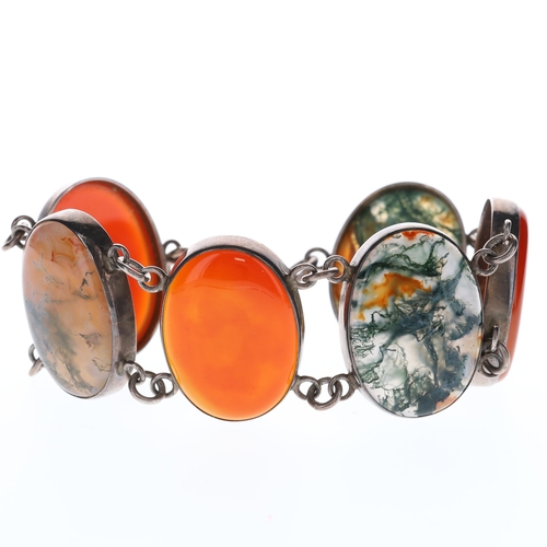 Silver Agate Bracelet including Moss Agate, Banded, Carnelian.