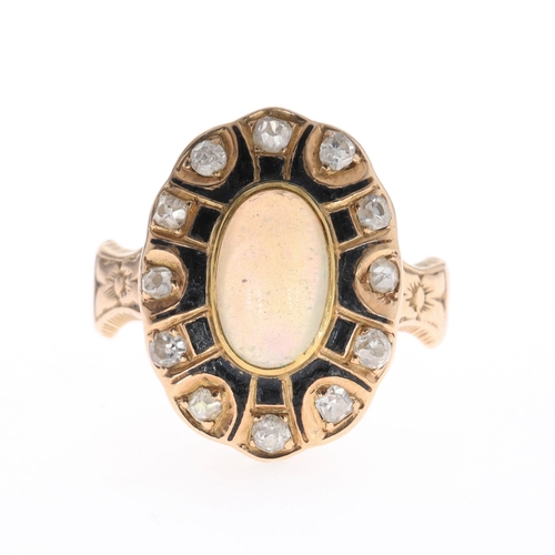 Opal and Diamond 14ct Gold and Enamel Ring