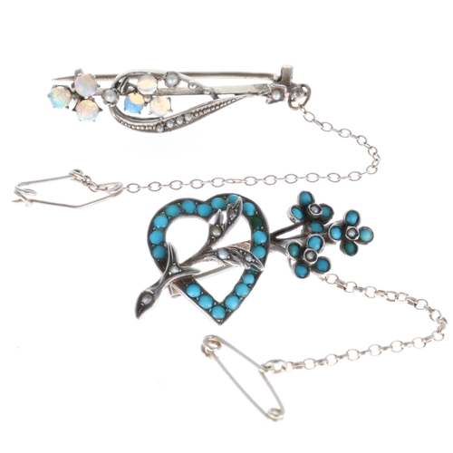 Antique Silver Gemstone Brooch Collection including Turquoise and Opal.