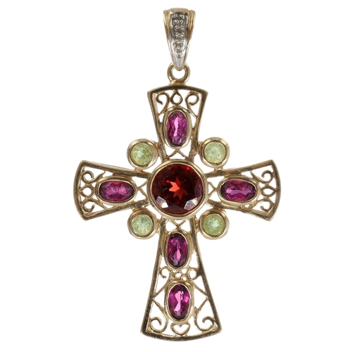 Garnet, Peridot and Diamond 9ct Gold Cross Pendant