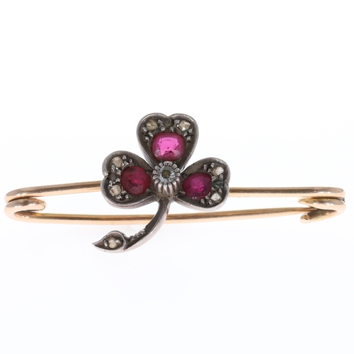 Diamond & Ruby Gold and Silver Clover Bar Brooch