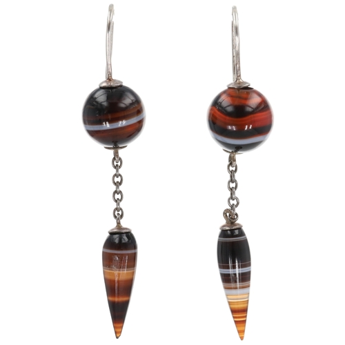 Banded Agate Silver Drop Earrings