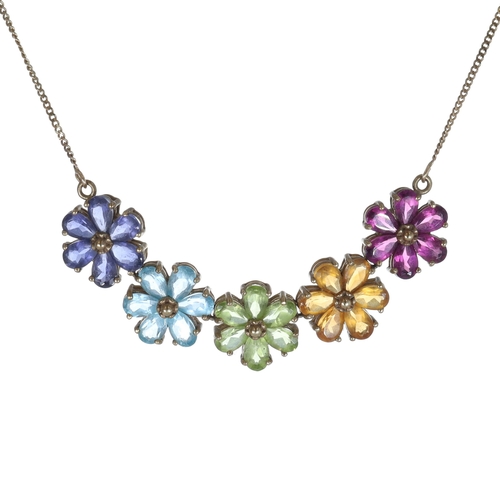Multi Gemstone 9ct Gold Floral Necklace