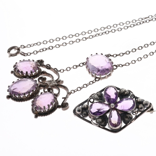 Antique Amethyst Silver Brooch and Necklace