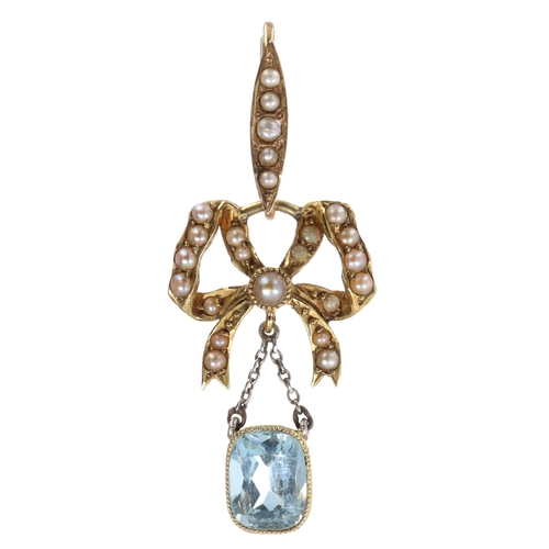 Antique Aquamarine and Split Pearl 15ct Gold Lavalier Pendant