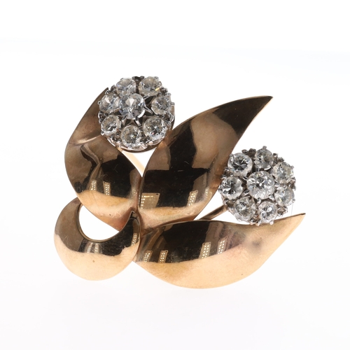 1960's Yellow and White Gold Brooch with Old Cut Diamond, approx 1.5ct total