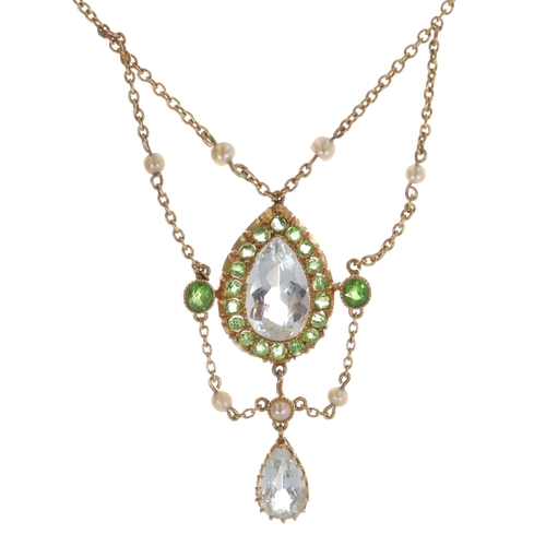 Antique 15ct gold Demantoid Garnet, Aquamarine and Seed Pearl Lavalier Necklace